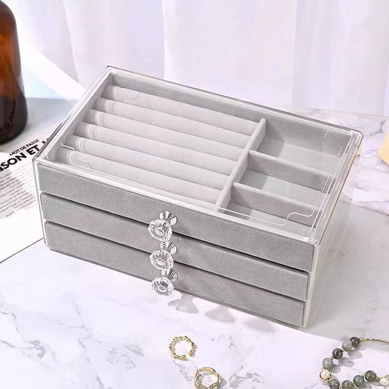 Jewelry Storage Box Anti-Oxidation Earrings Ear Stud Necklace Flannel Acrylic High-Grade Exquisite Jewelry Box Artifact