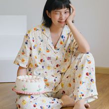 芝麻街春夏女士睡衣夏季纯棉纱布短袖全棉家居服夏天薄长裤套装