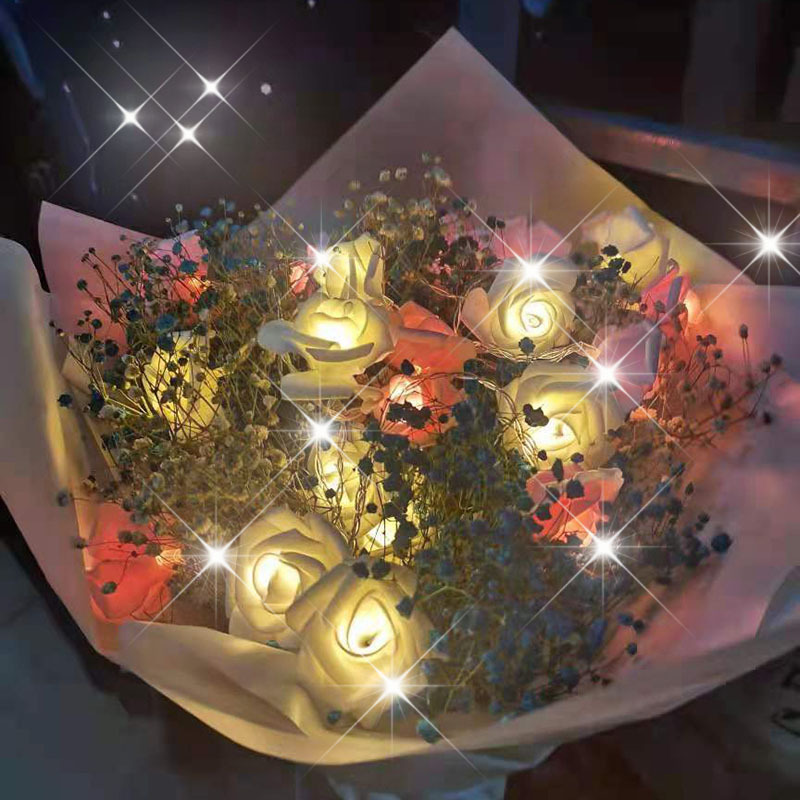 仿真带叶led玫瑰花灯串求婚表白道具七夕手捧花布置婚庆装饰彩灯