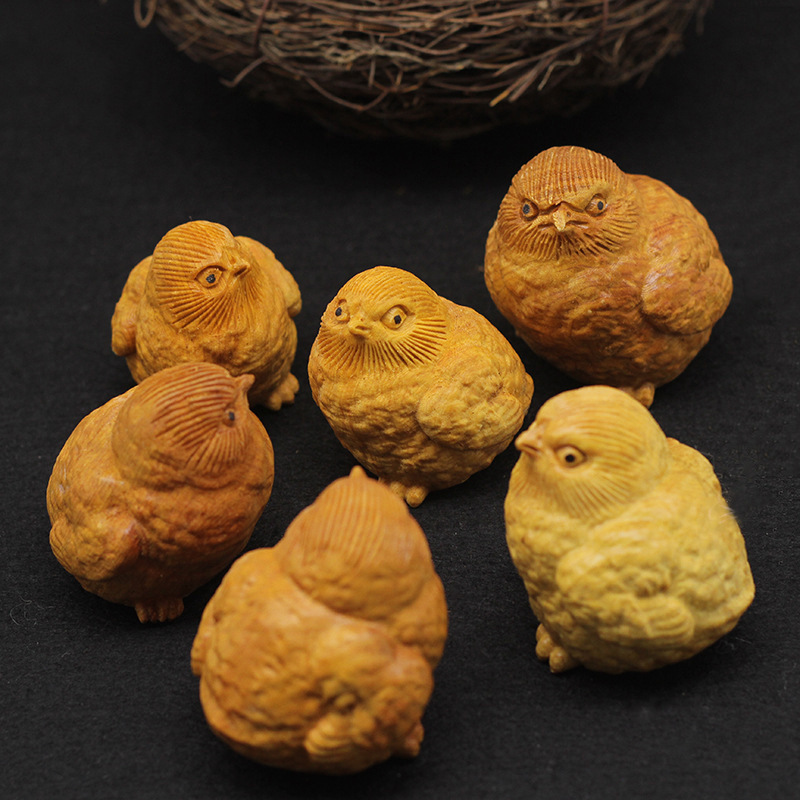 崖柏小鸡鸡蛋 摆件幸福一家 手把件带鸡窝 吉祥物 雕刻把件