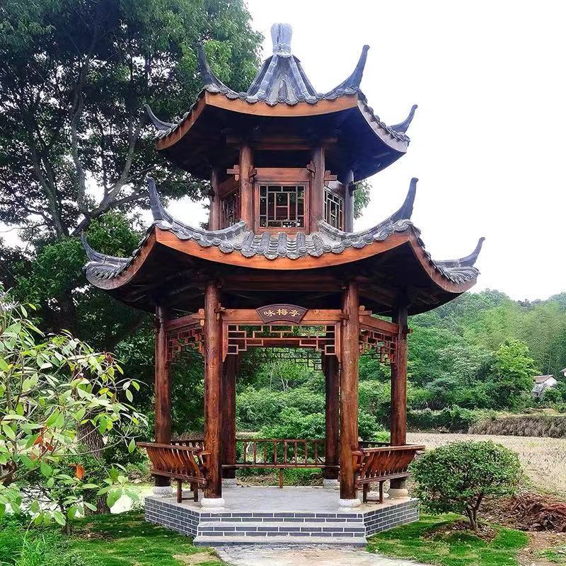 古建凉亭六角四角实木屋亭子防腐木制中式凉亭户外长廊庭院别墅