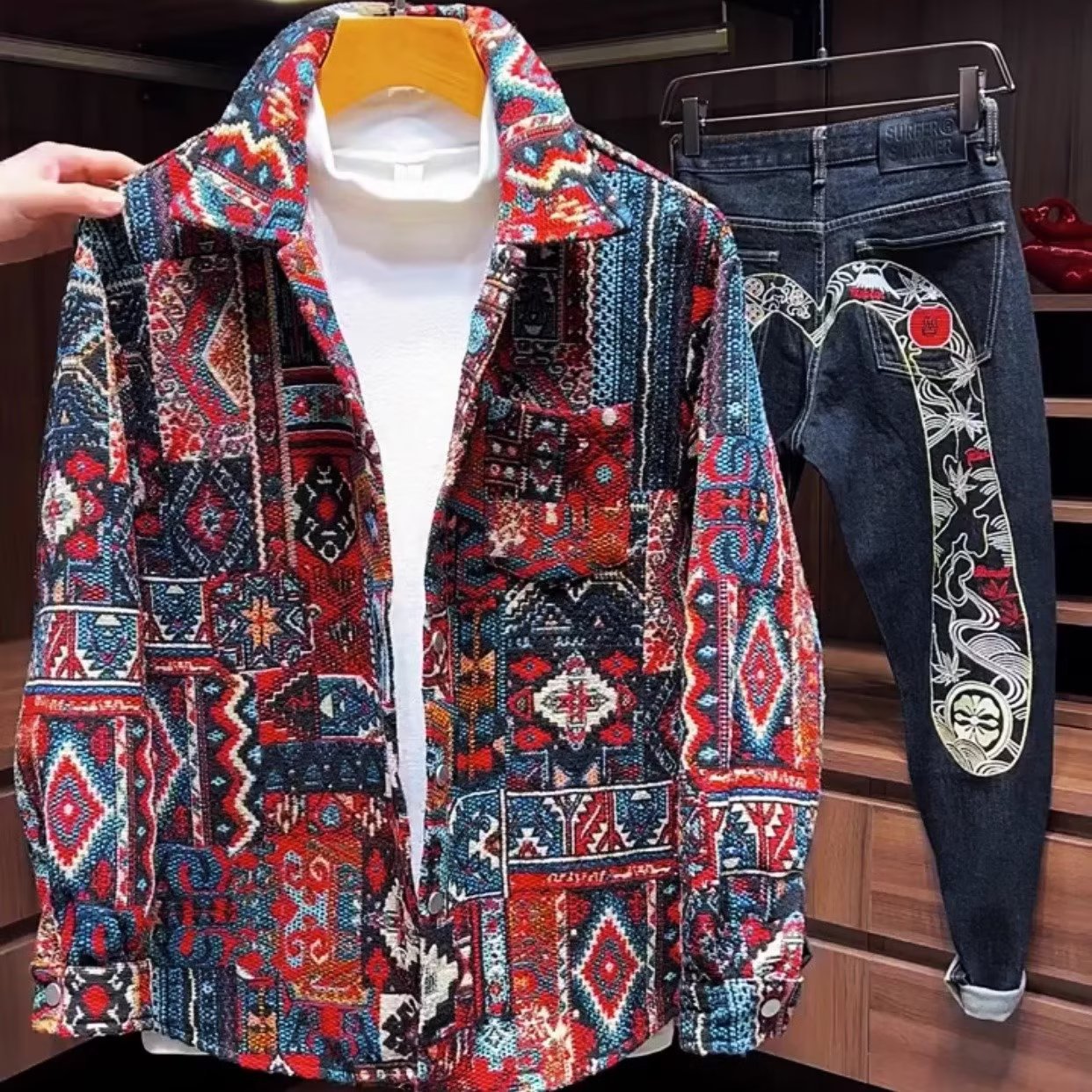 秋季新款男士翻领衬衫外搭民族风男提花色织上衣情侣韩版宽松外套