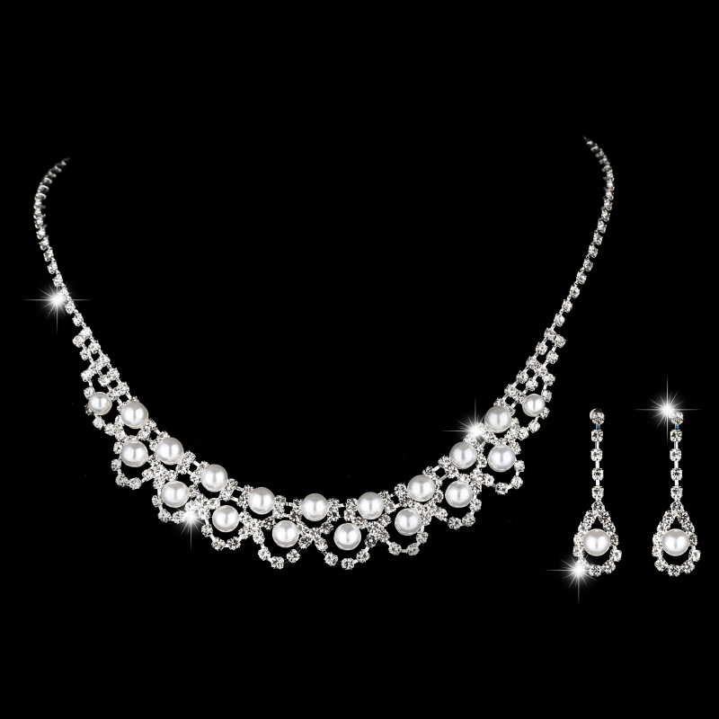 欧美跨境银色首饰套装 珍珠耳环项链手链婚礼新娘套装三件套高档