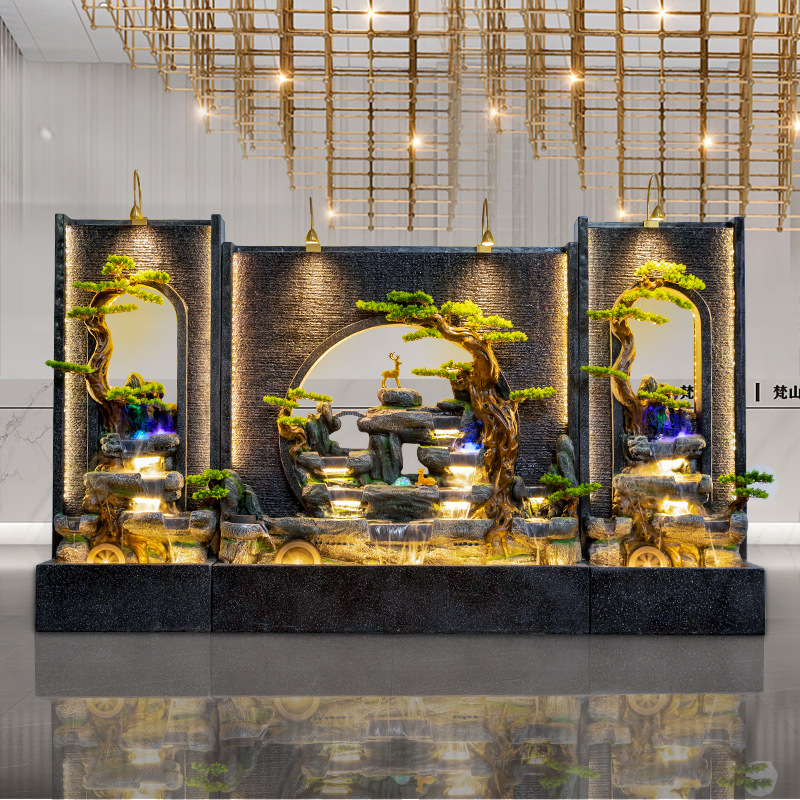 假山水幕墙喷泉办公室内风水轮招财摆件鱼池庭院酒店公司流水景观