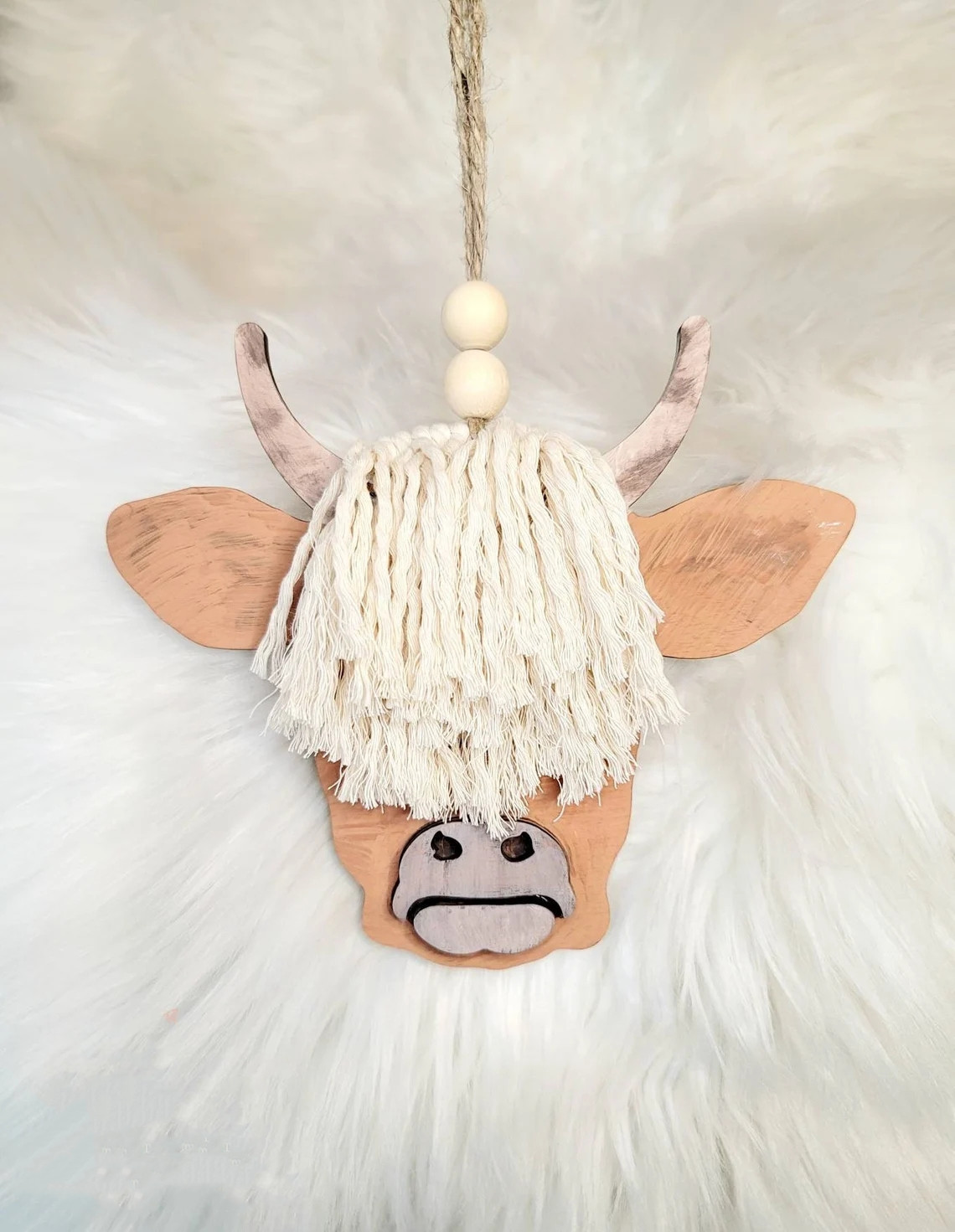 macrame car charm流苏牛角牛头挂件装饰高地牛家居挂饰车内挂件
