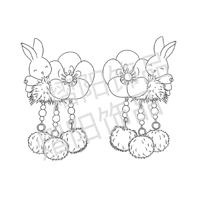 新款冬款儿童古风发饰可爱小兔子毛球流苏头饰女童中国风绒花发夹