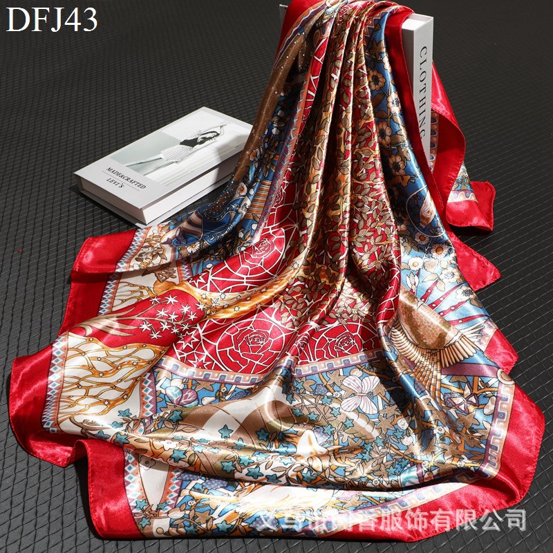 Hangzhou Large Kerchief Silk Scarf Female Pachira Macrocarpa New Satin Square Scarf 90cm Imitated Silk Scarves Women's Toe-Covered Scarf