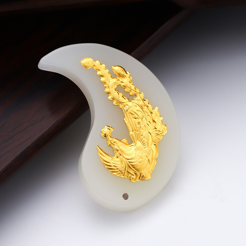 金镶玉龙凤牌吊坠 足金镶嵌白玉龙凤呈祥男女情侣款玉佩挂坠代发