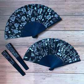 蓝印花布扇子手工艺折扇中国风女士扇子舞台道具扇乌镇旅游礼品扇