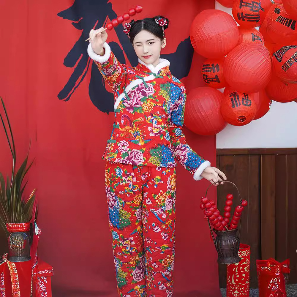 东北大花袄棉袄女冬加厚民族风碎花棉服时尚网红棉衣棉裤套装女