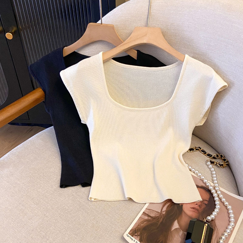 实拍~飞飞袖针织t恤女夏季纯色内搭方领包袖打底衫辣妹修身上衣女