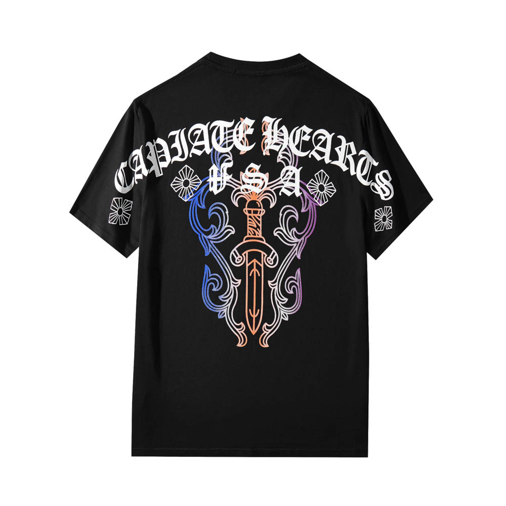 春季欧美时尚ins潮牌ch梵文马蹄彩色印花短袖学生情侣款纯棉t恤