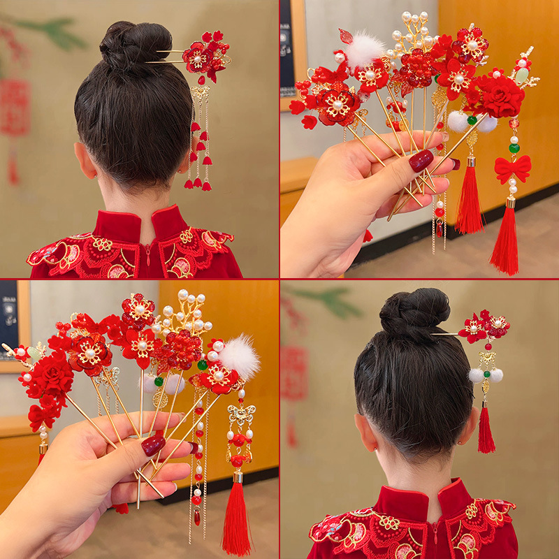 古风花朵发簪女中国风流苏发钗女孩国风步摇簪子汉服头饰红色发饰