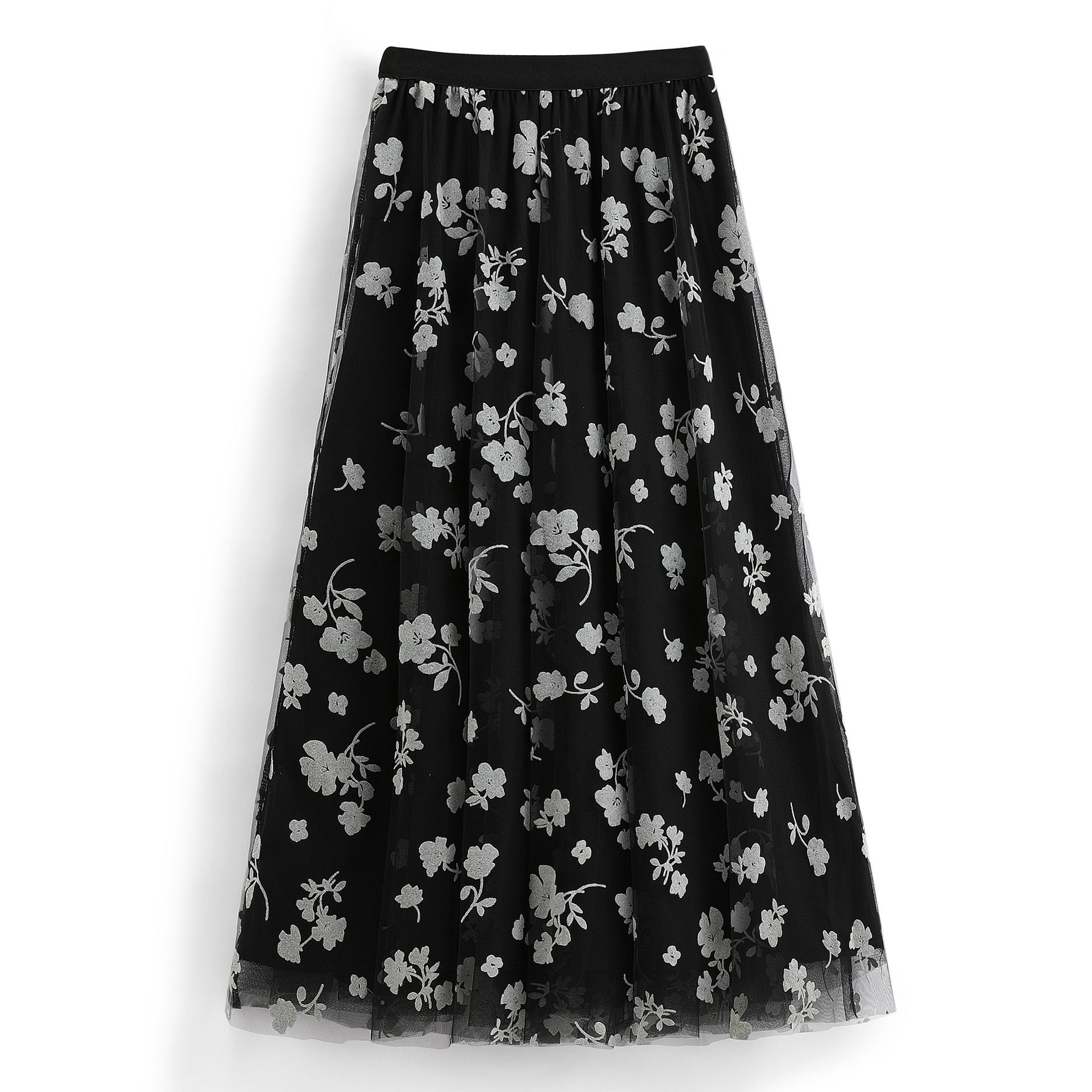 初秋网纱半身裙植绒碎花长款黑色纱裙垂感a字半裙蓬蓬伞裙大摆