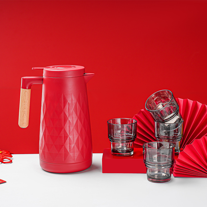 红色保温壶五件套真空玻璃保温瓶按压设计暖水壶银行会销积分礼品