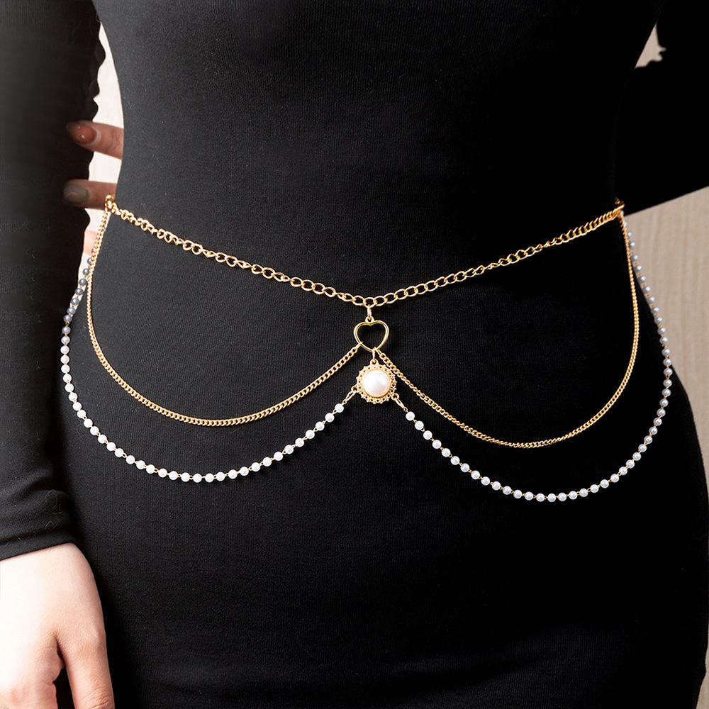 European and American Three-Layer Twin Pearl Body Chains Metal Chain Personal Nightclub Disco Women's Waist Chain