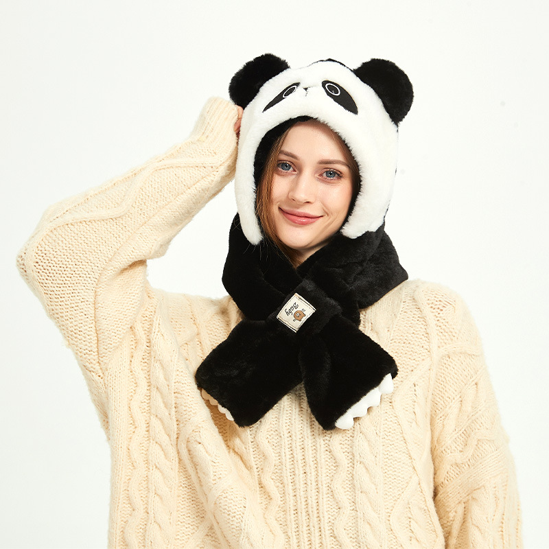 Autumn and Winter Cute Panda Plush Hat Scarf Two-Piece Set Thick Warm Earflaps Cold-Proof Cartoon Hat