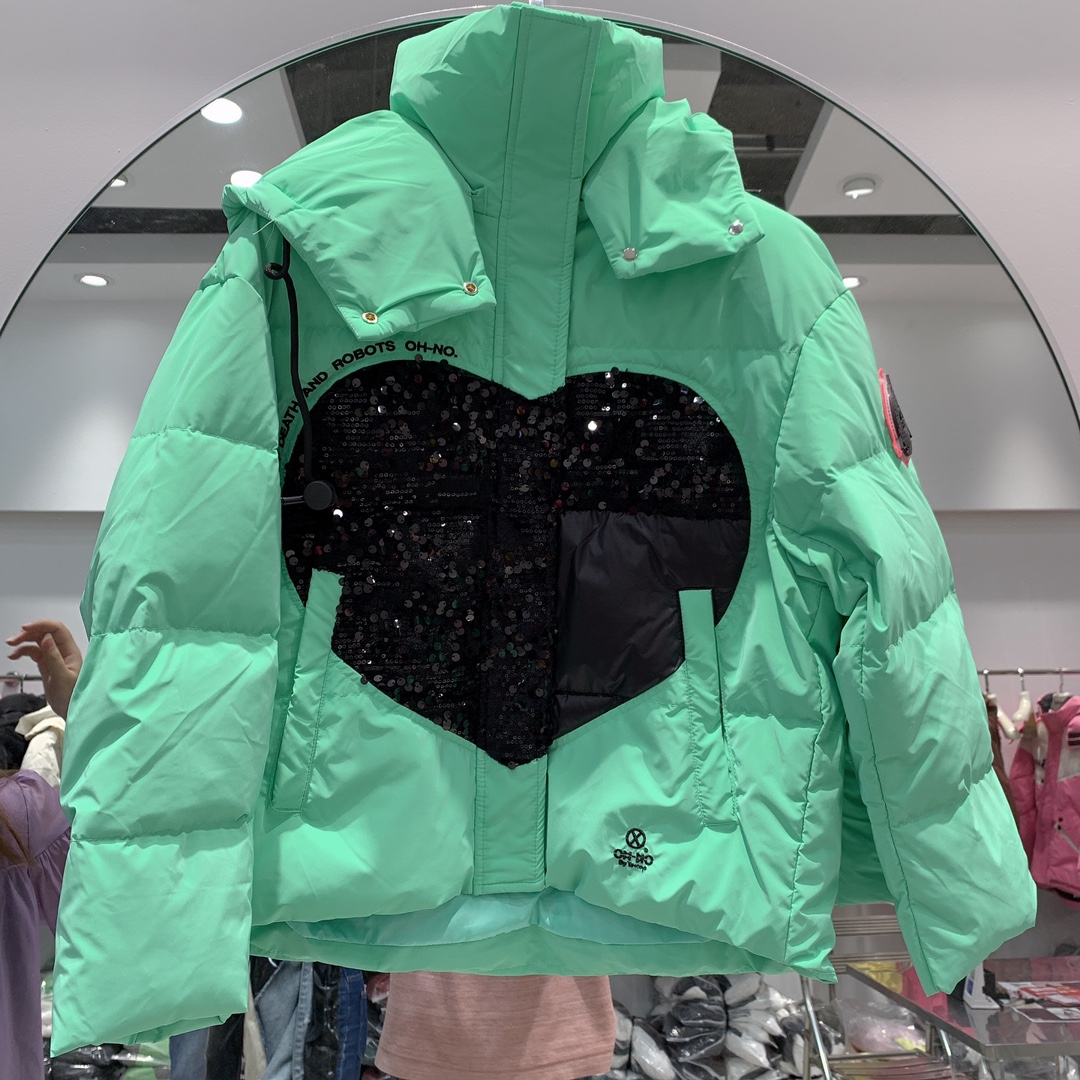 2023冬季新款潮牌免洗拼接亮片羽绒服女短款亮面立领白鸭绒外套