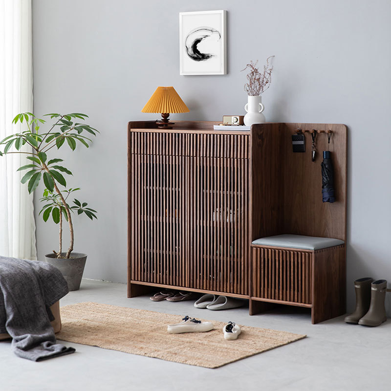 北美实木鞋柜现代简约黑胡桃木收纳柜日式小户型玄关柜格栅换鞋柜