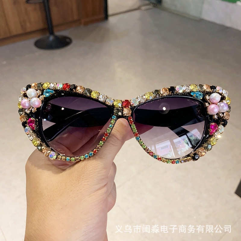 New Handmade Diy Fashion Trendy Cat Eye Sunglasses Handmade Diamond-Embedded Personalized Sunglasses Cross-Border Aliexpress Hot Sale