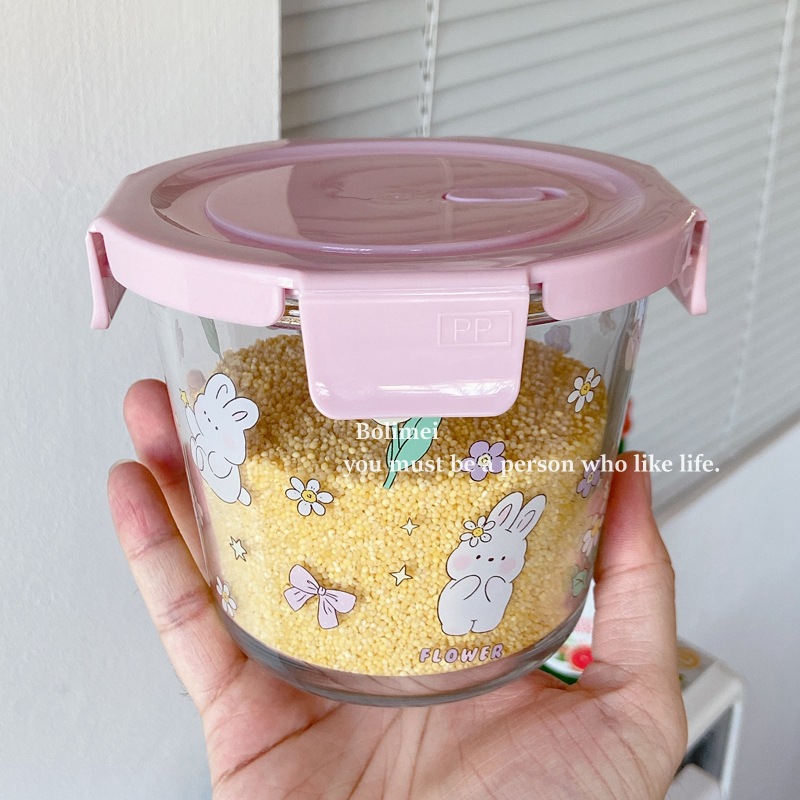 Heat Transfer Printing Flower Room Rabbit Heat-Resistant Glass Crisper Freshness Bowl Sealed Bento Box with Lid Glass Bowl