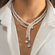 复古潮流珍珠流苏项链女 欧美跨境个性简约镶钻水滴宝石项饰品