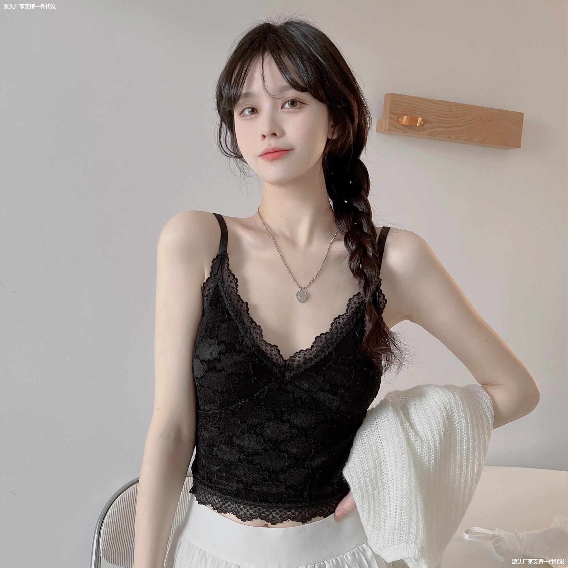 5成交2080件时尚休潮流轻法式黑白色珍珠肩带辣妹百搭背心吊带女夏季