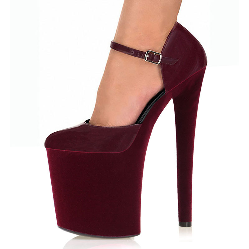 20cm绒面酒红色单鞋恨天高防水台夜店高跟鞋钢管舞性感走秀大码女
