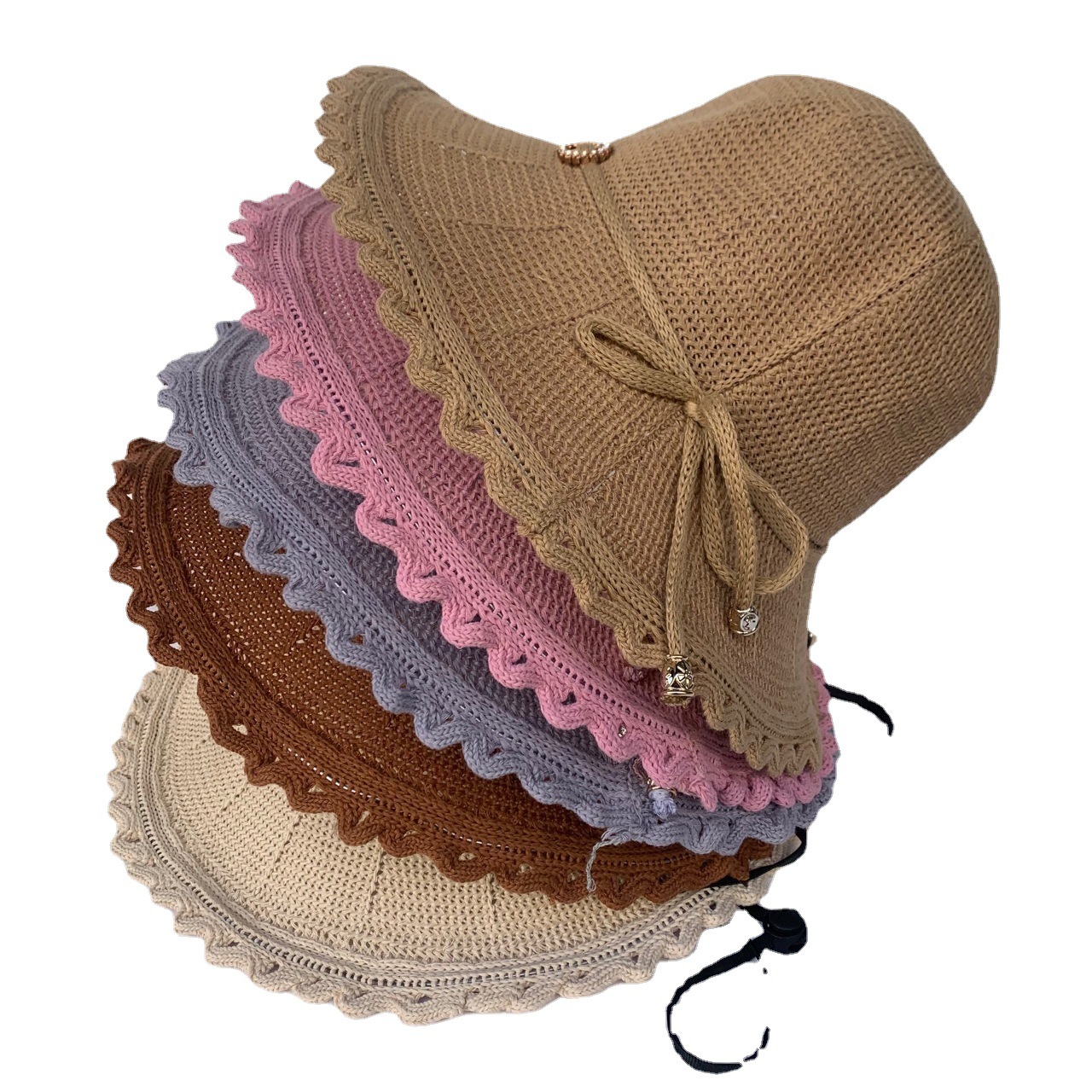 波浪花边勾针圆帽圆顶现货单色通用经编韩版美女时尚流行逛街必备