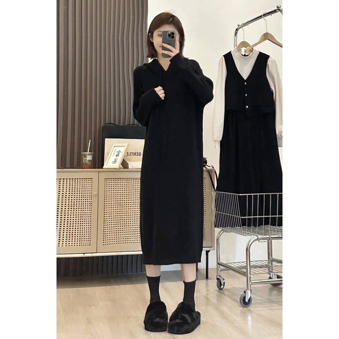 Women's Long Base Knitting Dress Autumn and Winter New Match with Coat Inner Wear Loose and Idle Hooded Sweater Woolen Skirt