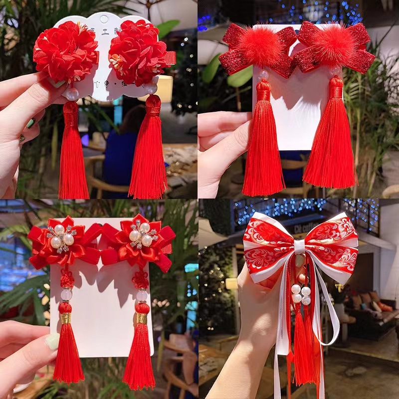 Chinese Style Children's New Year Headdress for Han Chinese Clothing Barrettes Girls Baby Red Antique New Year Hair Accessories Headdress Flower Red Festive