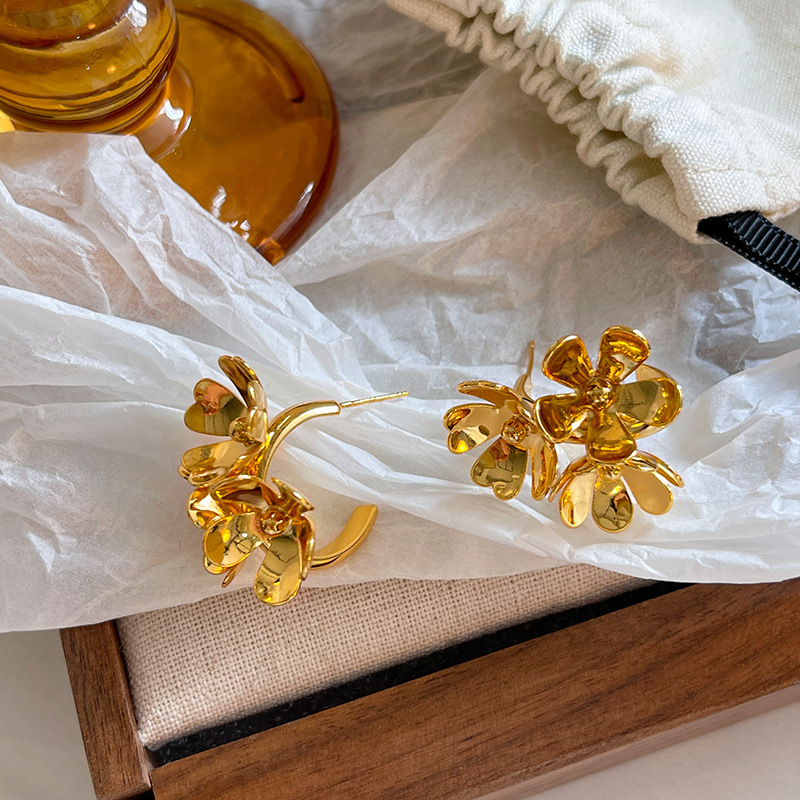 925 sterling silver needle europe and america cross border hot sale frosty style stud earrings 18k real gold plated exaggerated and personalized flower earrings for women