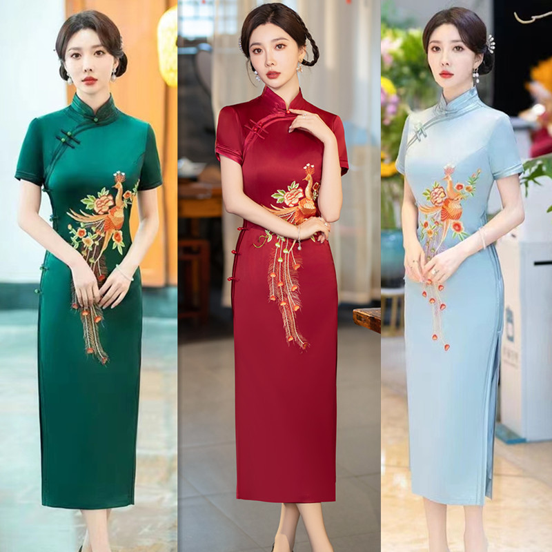 红色凤凰经典中式复古高贵优雅端庄气质醋酸刺绣重工走秀长款旗袍