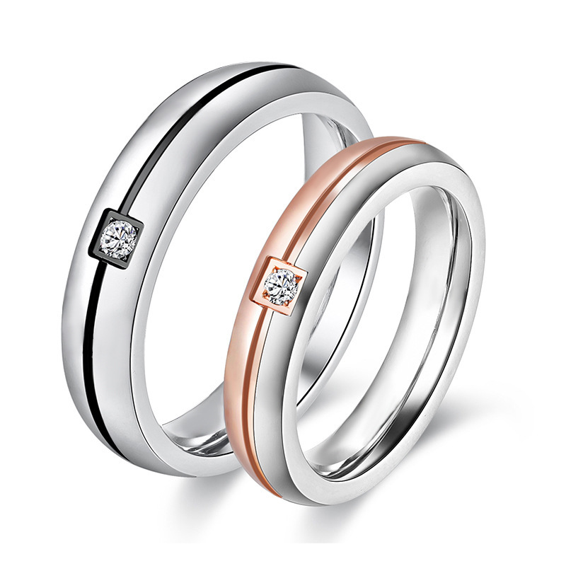 欧美外贸爆款配饰 潮流时尚情侣对戒拼色镶钻钛钢指环不锈钢戒指