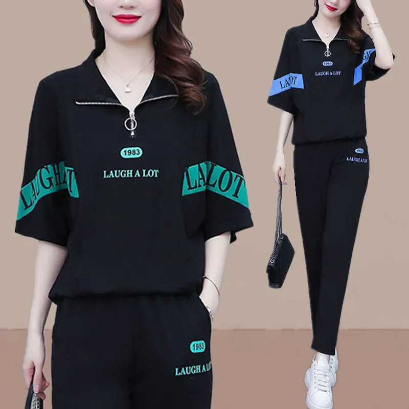 跨境夏季运动套装女大码女装胖妹妹新款韩版宽松气质休闲两件套潮