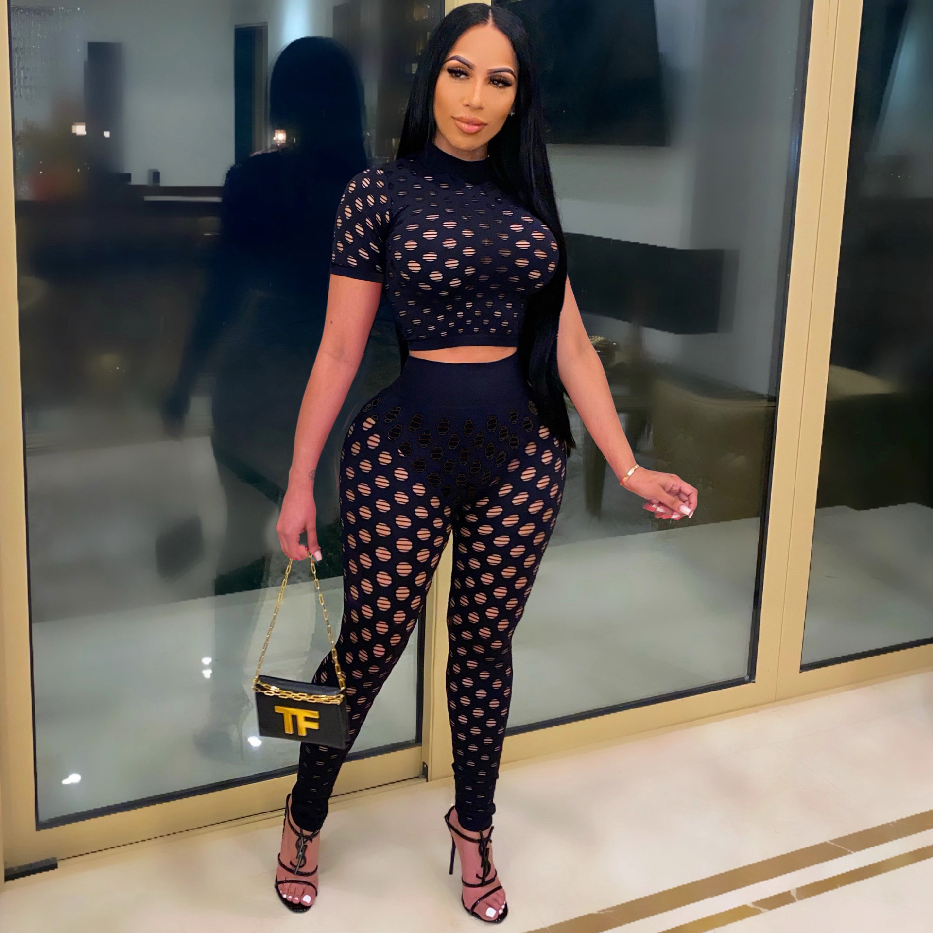 2021亚马逊夏季新款女装 性感欧美女士镂空短袖名媛两件套裤套装