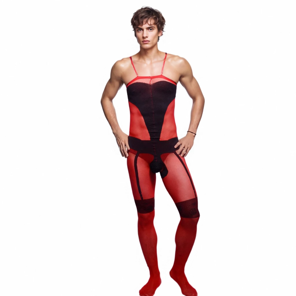 男士提花红色吊带连体丝袜 男连体网袜开口裆部镂空丝滑透明丝袜