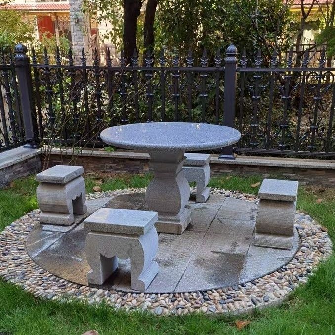 石桌石凳庭院花园户外圆桌花岗岩芝麻灰方形户外桌椅家用石头桌子