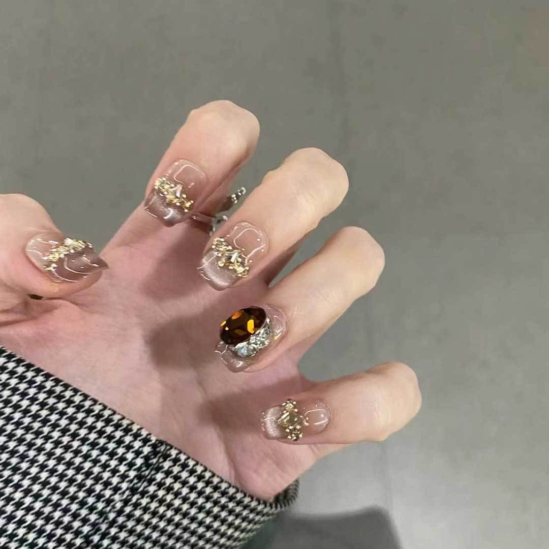 纯手工美甲穿戴甲琥珀色冰透猫眼夏季新款高级显白短款美甲法式-阿里