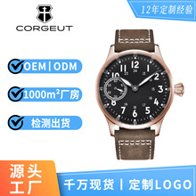 跨境外贸手动上链手表定制logo真皮表带夜光防水透底手表男机械表