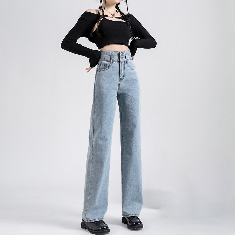 Spring and Autumn Black Gray Wide Leg Jeans Women's New High Waist European and American Vibe Style Loose Slimming and Straight Mop Pants Tide