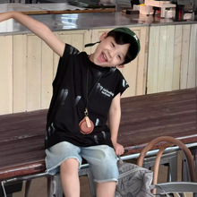 24夏新款中小童男童韩国童装双纱棉做旧刷漆字母绣花黑色无袖背心