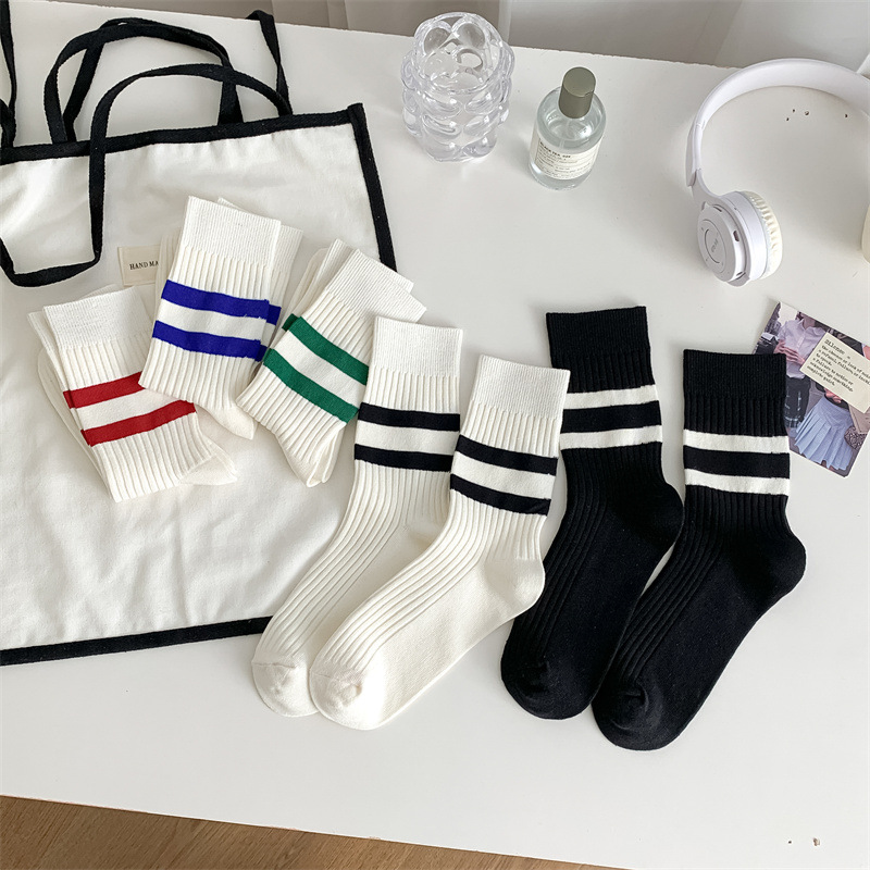 袜子女基础款二杠条纹中筒袜ins潮日系学院风运动白袜子双针女袜