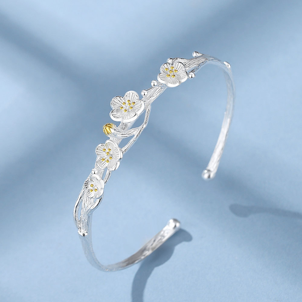 s925纯银手镯女古风梅花银镯子批发2023新款网红手环抖音快手代发