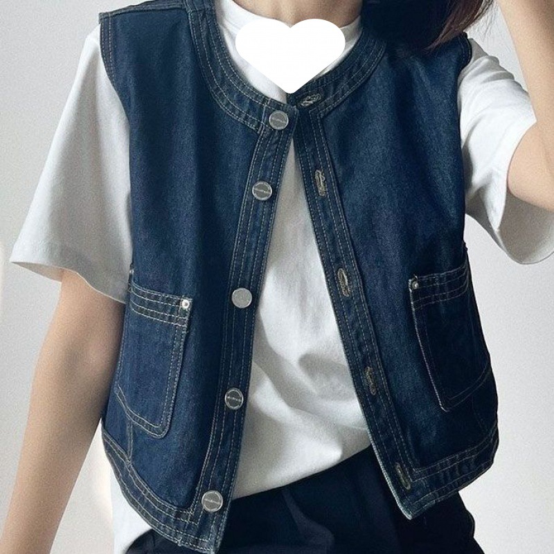 深蓝色牛仔马甲女2022夏韩版时尚宽松外穿马甲单排扣休闲无袖坎肩