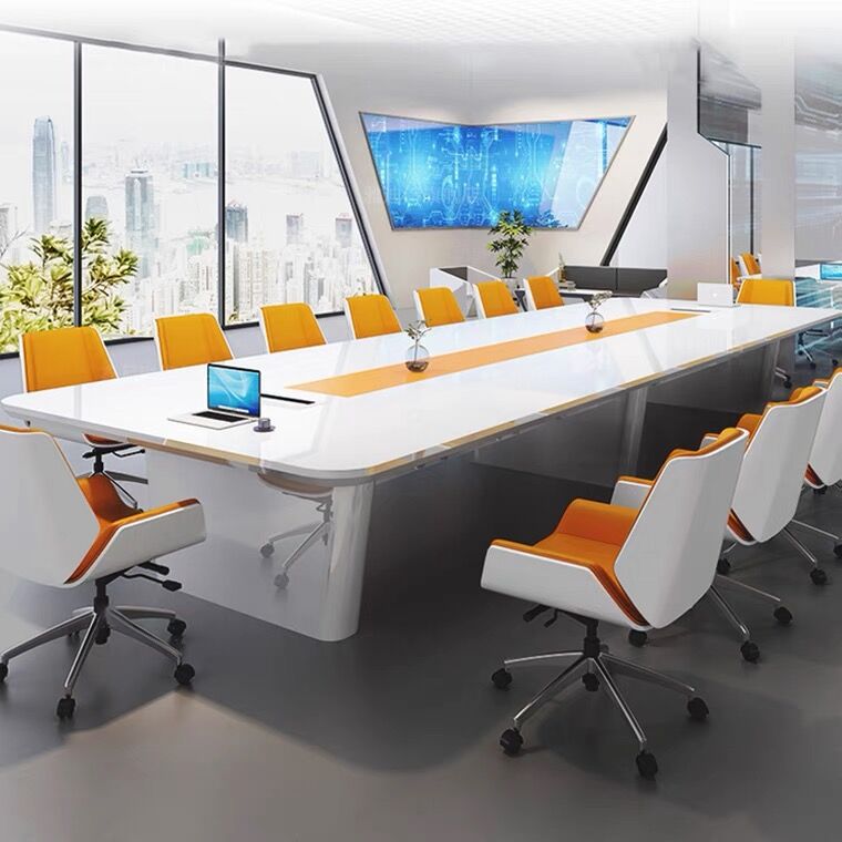 时尚烤漆会议桌白色办公桌长方形桌简约现代大型商务会议洽谈桌椅