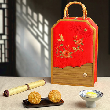 月饼礼盒包装空盒喜上眉梢刺绣中秋高档奢侈双层手提创意送礼红色