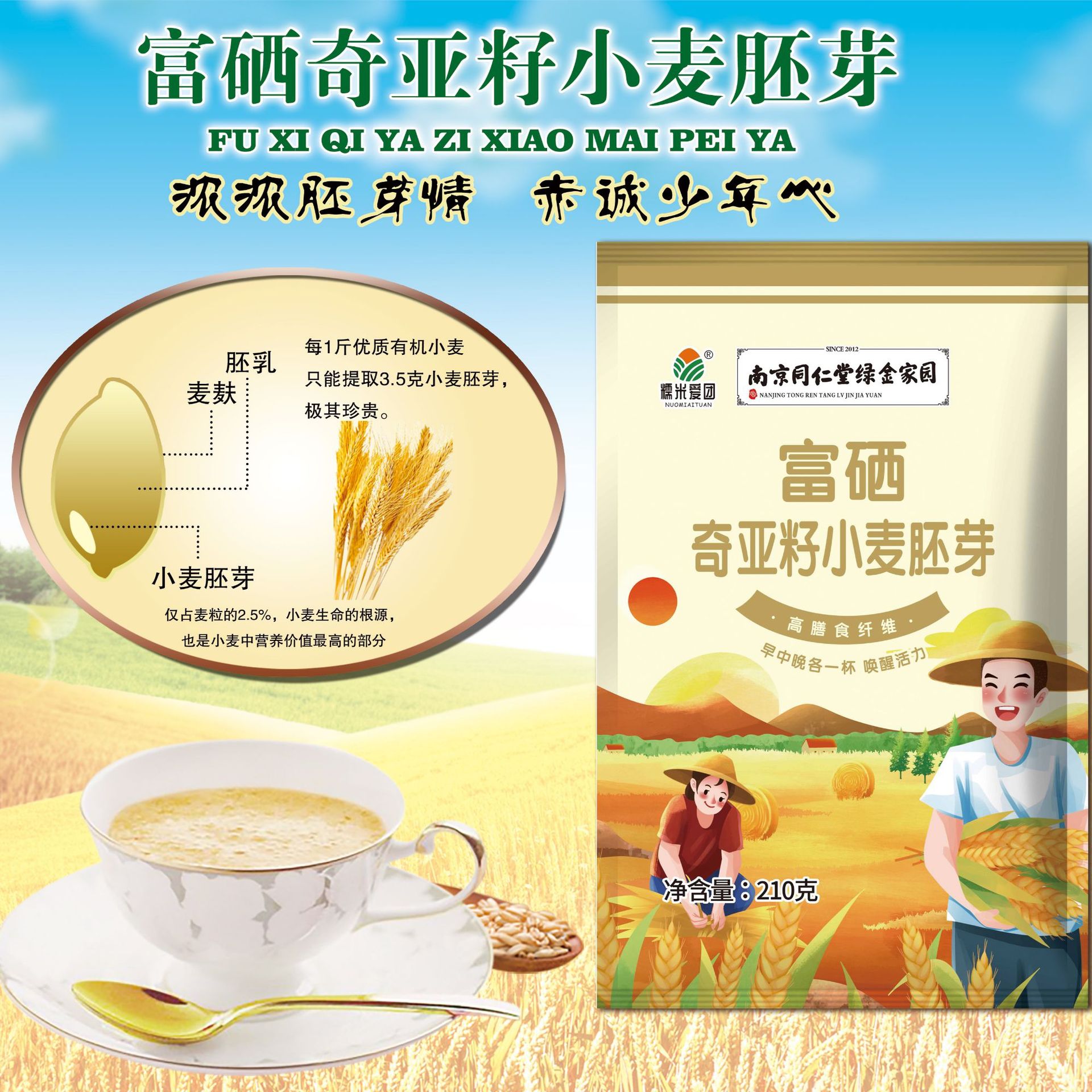 富硒奇亚籽小麦胚芽210g即食小麦胚芽冲泡早餐代餐即食燕麦片批发
