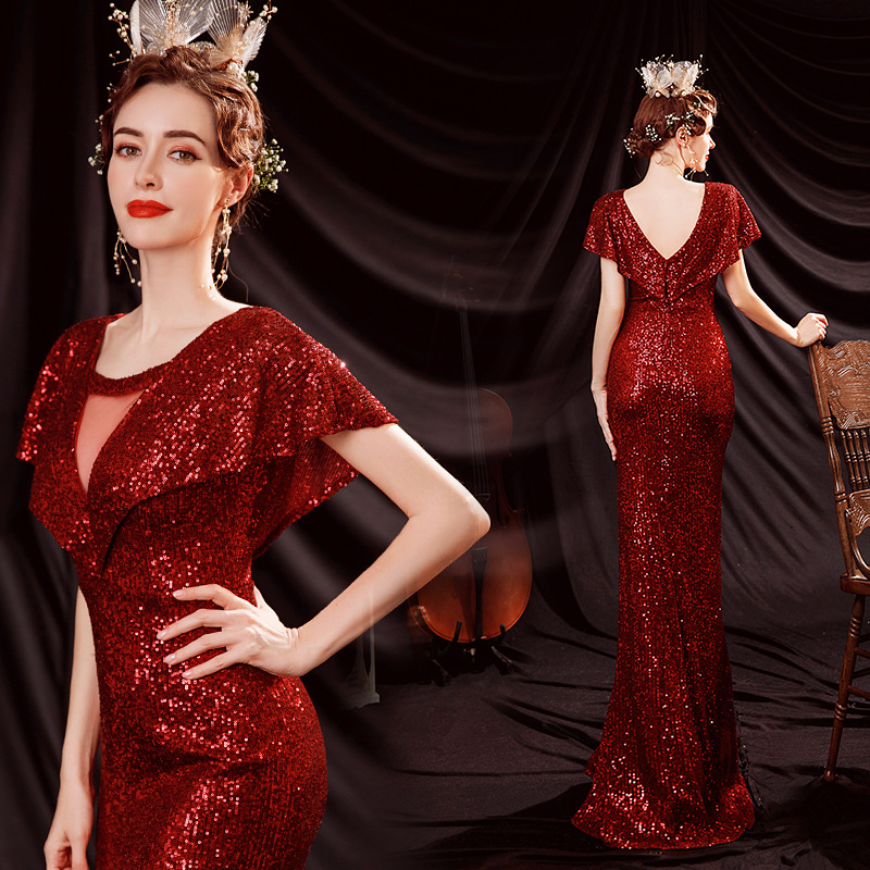 晚礼服女红色2022新款新娘结婚敬酒服宴会年会婚纱晚礼服一件代发