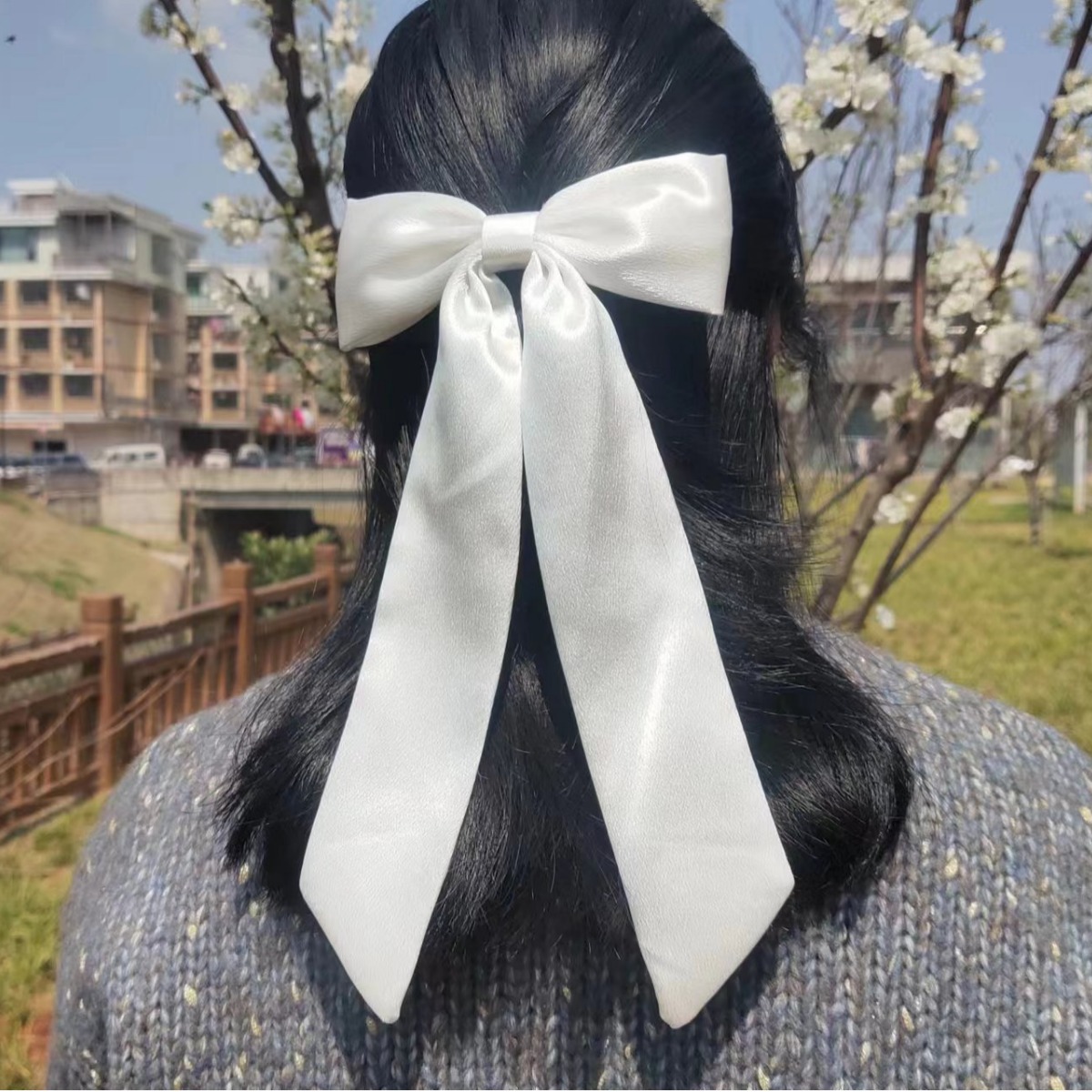 外贸亚马逊ins风韩版大蝴蝶结飘带后脑勺发夹纯色布艺鸭嘴夹发饰